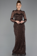 Braun Abendkleid Perlenbesetzt Lang ABU5638