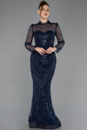 Marineblau Abendkleid Perlenbesetzt Lang ABU5638