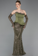 Khaki Abendkleid Perlenbesetzt Lang ABU5303