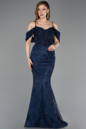 Abendkleid im Meerjungfrau-Stil Lang Spitze Marineblau ABU5822