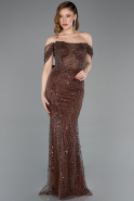 Abendkleid Lang Perlenbesetzt Braun ABU5833