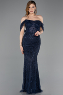 Abendkleid Lang Perlenbesetzt Marineblau ABU5833