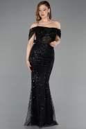 Abendkleid Lang Perlenbesetzt Schwarz ABU5833