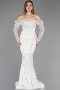 Standesamtkleid Lang Perlenbesetzt Weiß ABU5825