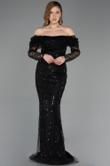 Standesamtkleid Lang Perlenbesetzt Schwarz ABU5825