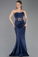 Abendkleid im Meerjungfrau-Stil Lang Satin Marineblau ABU5888