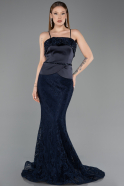 Abendkleid im Meerjungfrau-Stil Lang Guipure Spitze Marineblau ABU5869