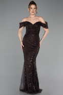 Braun Abendkleid Perlenbesetzt Lang ABU5557