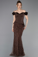 Braun Abendkleid Perlenbesetzt Lang ABU5616