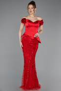 Rot Abendkleid Perlenbesetzt Lang ABU5616