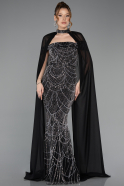 Schwarz-Silber Abendkleid Perlenbesetzt Lang ABU5915