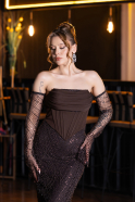 Abendkleid Lang Perlenbesetzt Braun ABU5922