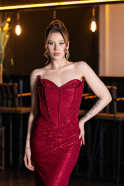 Weinrot Abendkleid Spitze Lang ABU6148