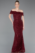 Weinrot Abendkleid Perlenbesetzt Lang ABU5694