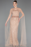 Beige Abendkleid Perlenbesetzt Lang ABU5483
