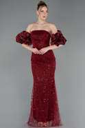 Weinrot Abendkleid Perlenbesetzt Lang ABU4616