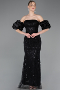 Schwarz Abendkleid Perlenbesetzt Lang ABU4616