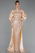 Gold Abendkleid Perlenbesetzt Lang ABU5234