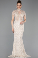 Beige Abendkleid İm Meerjungfrau-Stil Perlenbesetzt Lang ABU5697