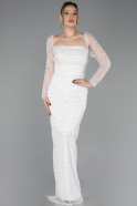 Weiß Abendkleid Perlenbesetzt Lang ABU5699