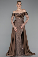 Braun Abendkleid Perlenbesetzt Lang ABU5934