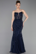 Abendkleid Lang Perlenbesetzt Marineblau ABU6080