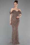 Hellbraun Abendkleid Perlenbesetzt Lang ABU5557