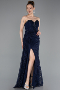 Marineblau Abendkleid İm Meerjungfrau-Stil Spitze Lang ABU5975