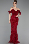 Weinrot Abendkleid Perlenbesetzt Lang ABU5557