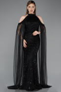 Standesamtkleid Lang Perlenbesetzt Schwarz ABU6117