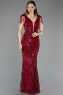 Weinrot Abendkleid Perlenbesetzt Lang ABU5637