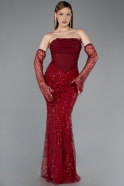 Weinrot Abendkleid Perlenbesetzt Lang ABU5922