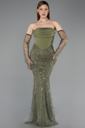 Khaki Abendkleid Perlenbesetzt Lang ABU5922