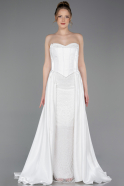 Standesamtkleid Lang Perlenbesetzt Weiß ABU6125