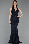 Abendkleid im Meerjungfrau-Stil Lang Perlenbesetzt Marineblau ABU6165
