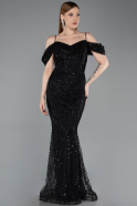 Abendkleid Lang Perlenbesetzt Schwarz ABU6190