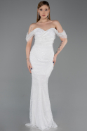 Weiß Abendkleid Perlenbesetzt Lang ABU5557