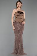 Abendkleid Lang Perlenbesetzt Braun ABU6234