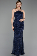 Abendkleid Lang Perlenbesetzt Marineblau ABU6236