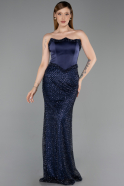 Abendkleid Lang Perlenbesetzt Marineblau ABU6238