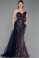 Abendkleid Lang Perlenbesetzt Marineblau ABU6241