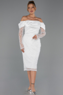Abendkleid Midi Perlenbesetzt Weiß ABK2663
