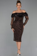 Abendkleid Midi Perlenbesetzt Braun ABK2663