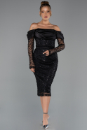 Abendkleid Midi Perlenbesetzt Schwarz ABK2663