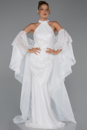 Standesamtkleid Lang Perlenbesetzt Weiß ABU6348