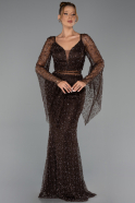 Abendkleid Lang Perlenbesetzt Braun ABU6349
