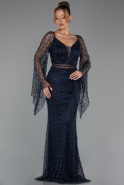 Abendkleid Lang Perlenbesetzt Marineblau ABU6349