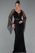 Abendkleid Lang Perlenbesetzt Schwarz ABU6349