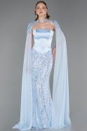 Abendkleid im Meerjungfrau-Stil Lang Perlenbesetzt Eisblau ABU6315