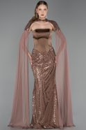 Abendkleid im Meerjungfrau-Stil Lang Perlenbesetzt Braun ABU6315